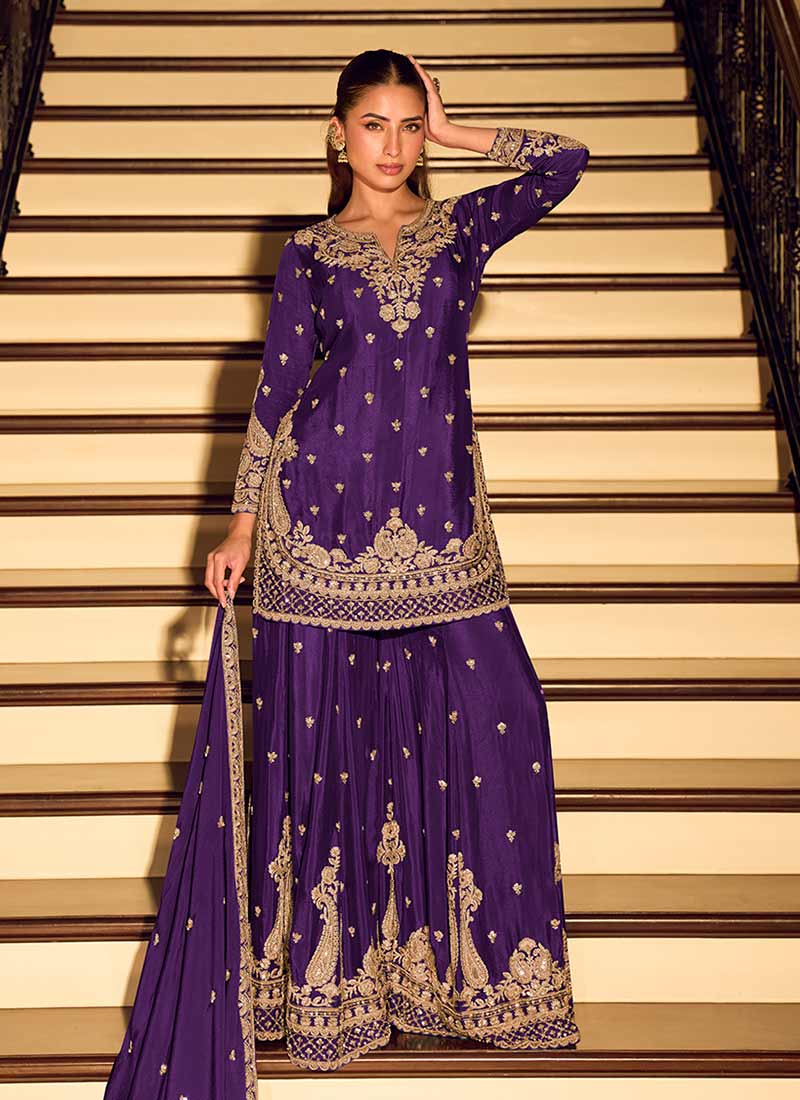 Purple Embroidery Festive Wear Sharara Suit