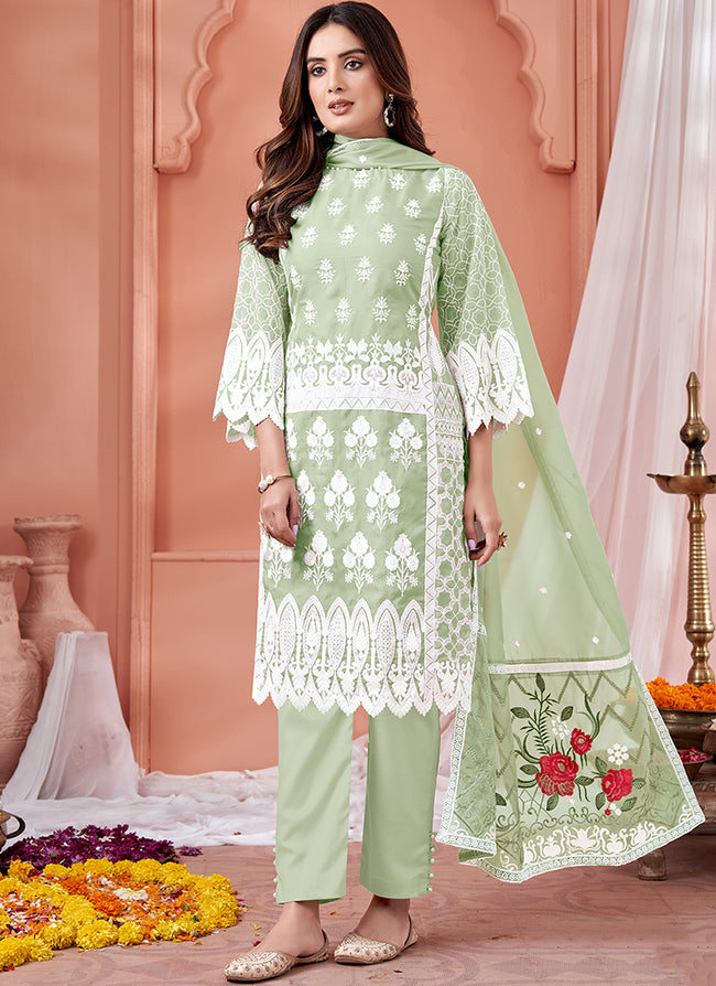 Light Green Phulkari Embroidery Pakistani Pant Suit