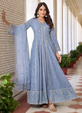 Ice Blue Sequence Embroidery Slit Style Anarkali Pant Suit