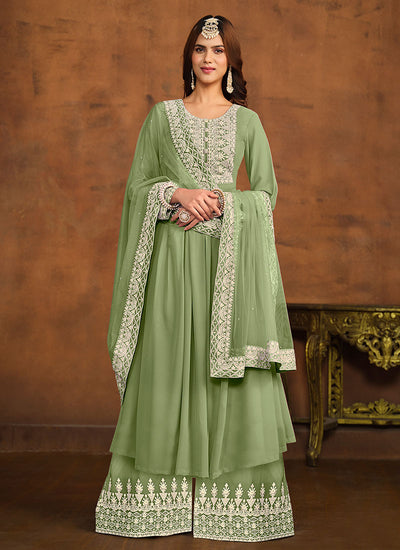 Green Thread Embroidery Anarkali Palazzo Suit