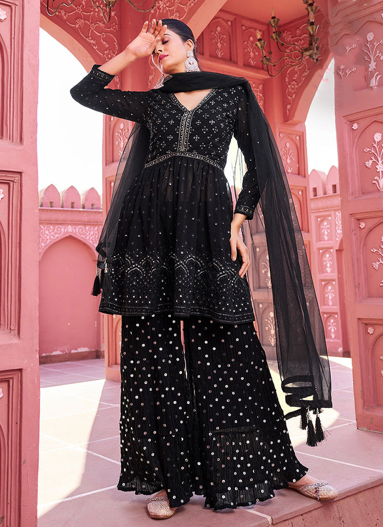 Indian Dresses Black Sequence Embroidery Peplum Style Sharara