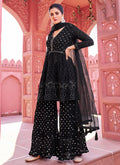 Black Sequence Embroidery Peplum Style Sharara Suit