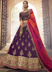 Purple Orange Embroidery Viscose Lehenga Choli
