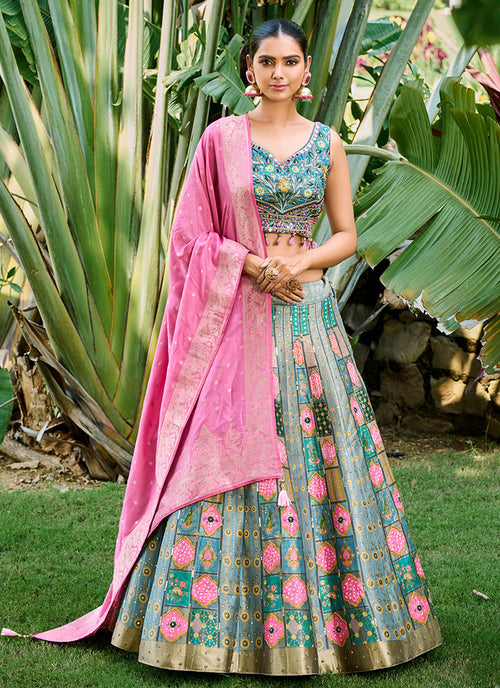 Aqua Blue Multi Mirror Work Embroidery Wedding Lehenga Choli
