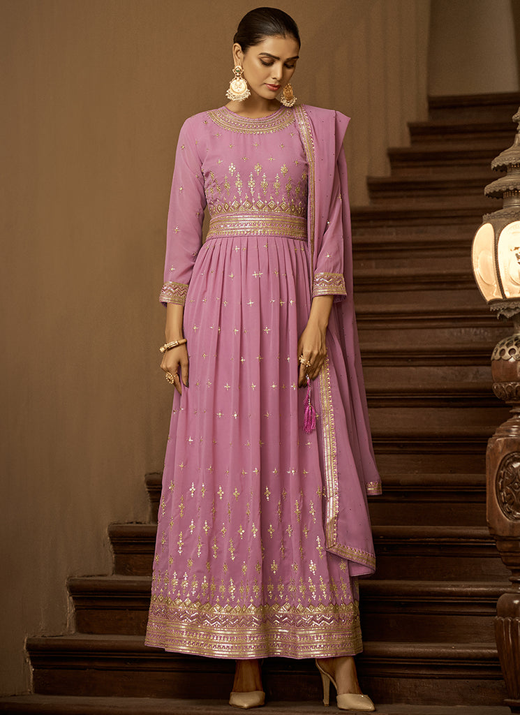 Pink Sequence Embroidery Anarkali Pant Suit