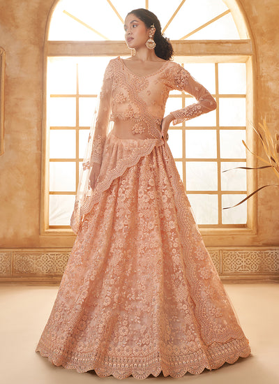 Peach Ombré Thread Embroidery Lehenga Choli With Dupatta