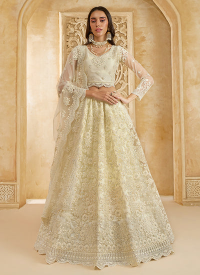 Beige Ivory Ombré Thread Embroidery Lehenga Choli With Dupatta