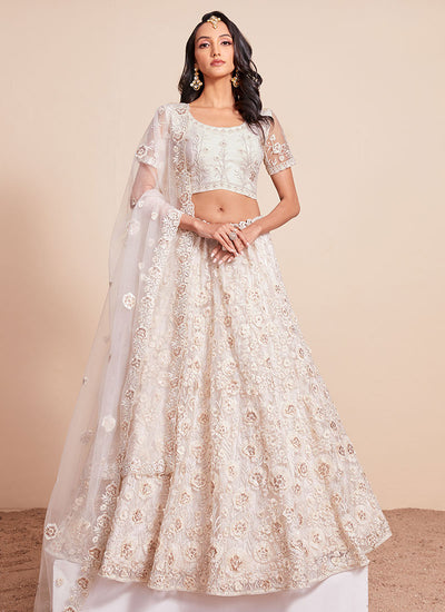 Off White Thread And Sequence Embroidery Lehenga Choli And Dupatta 