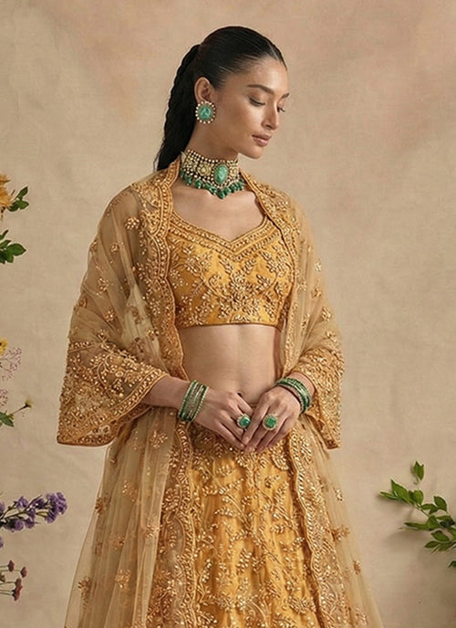 Deep Yellow Embroidery Wedding Lehenga Choli