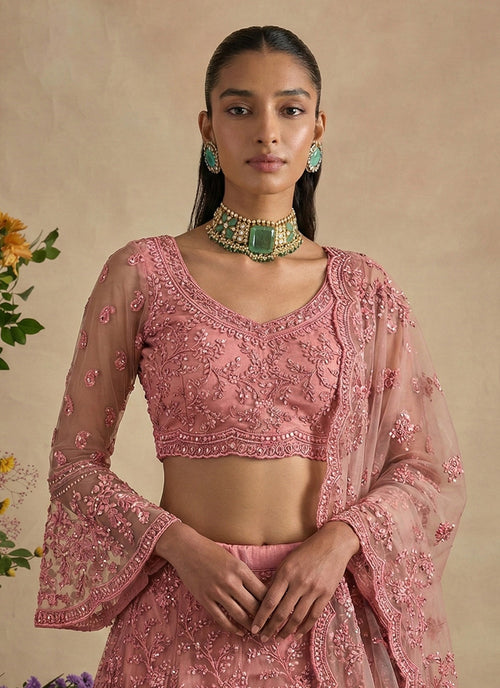 Rose Pink Embroidered Designer Wedding Lehenga Choli