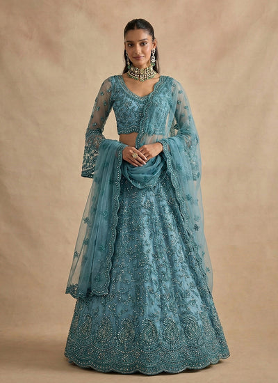 Sky Blue Designer Embroidery Wedding Lehenga Choli