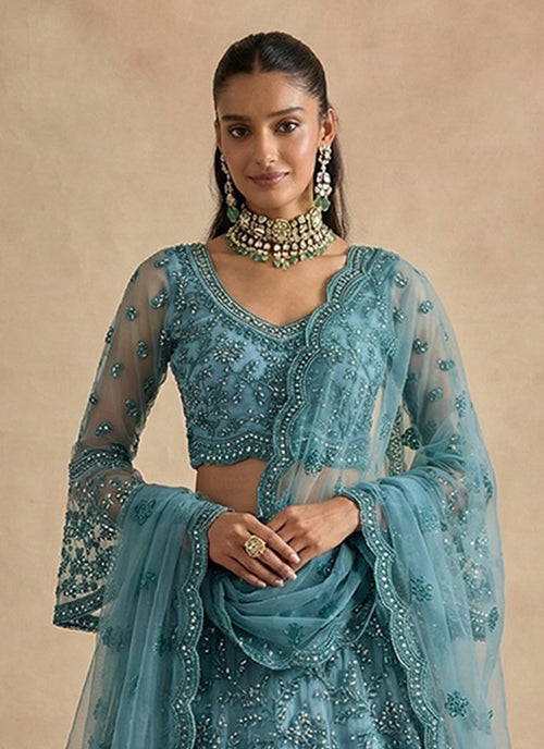 Sky Blue Designer Embroidery Wedding Lehenga Choli