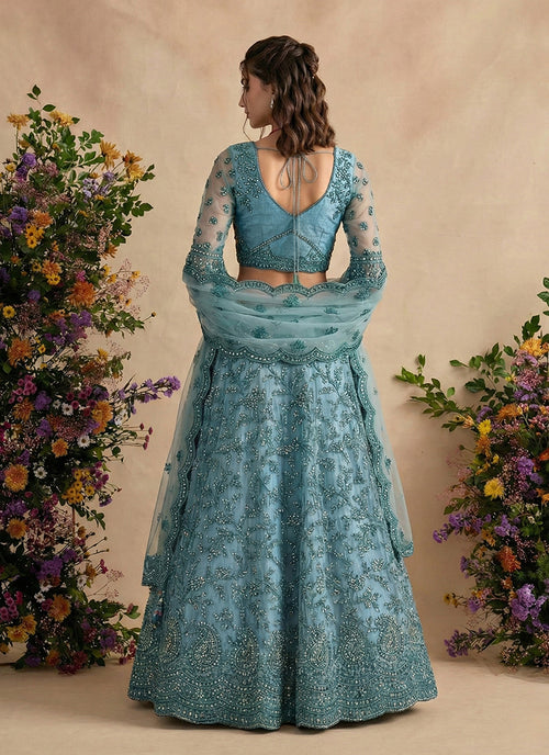 Sky Blue Designer Embroidery Wedding Lehenga Choli