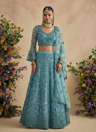Sky Blue Designer Embroidery Wedding Lehenga Choli