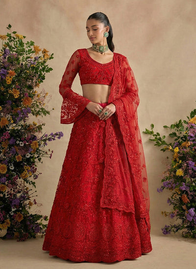 Crimson Red Designer Embroidery Wedding Lehenga Choli