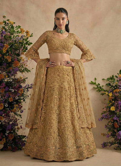 Gold Beige Designer Embroidery Wedding Lehenga Choli