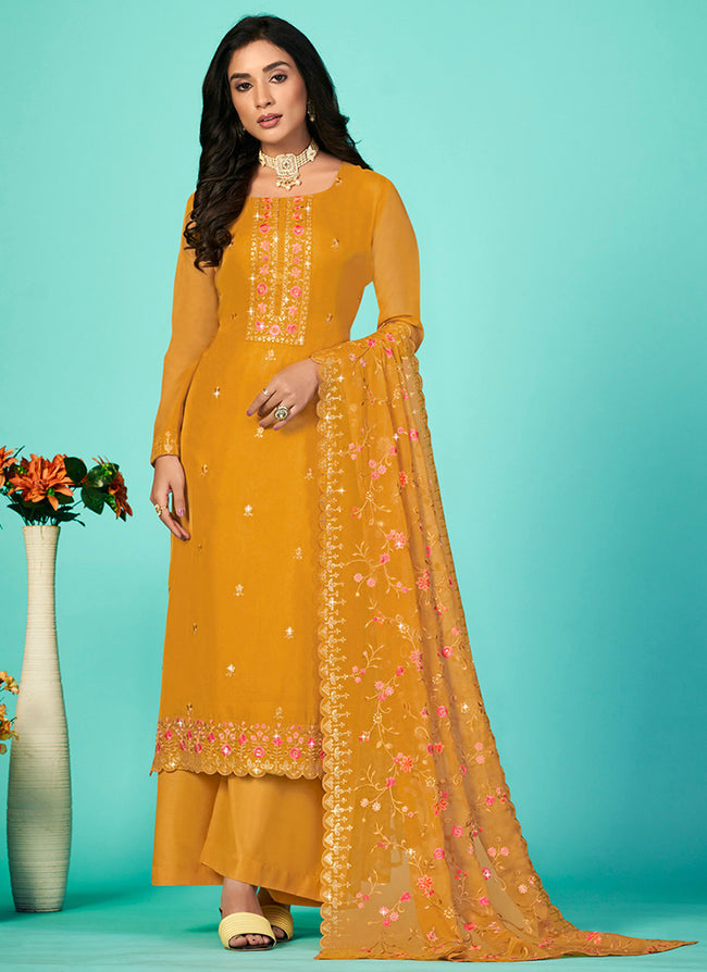 Yellow Multi Floral Embroidery Traditional Pant Style Suit