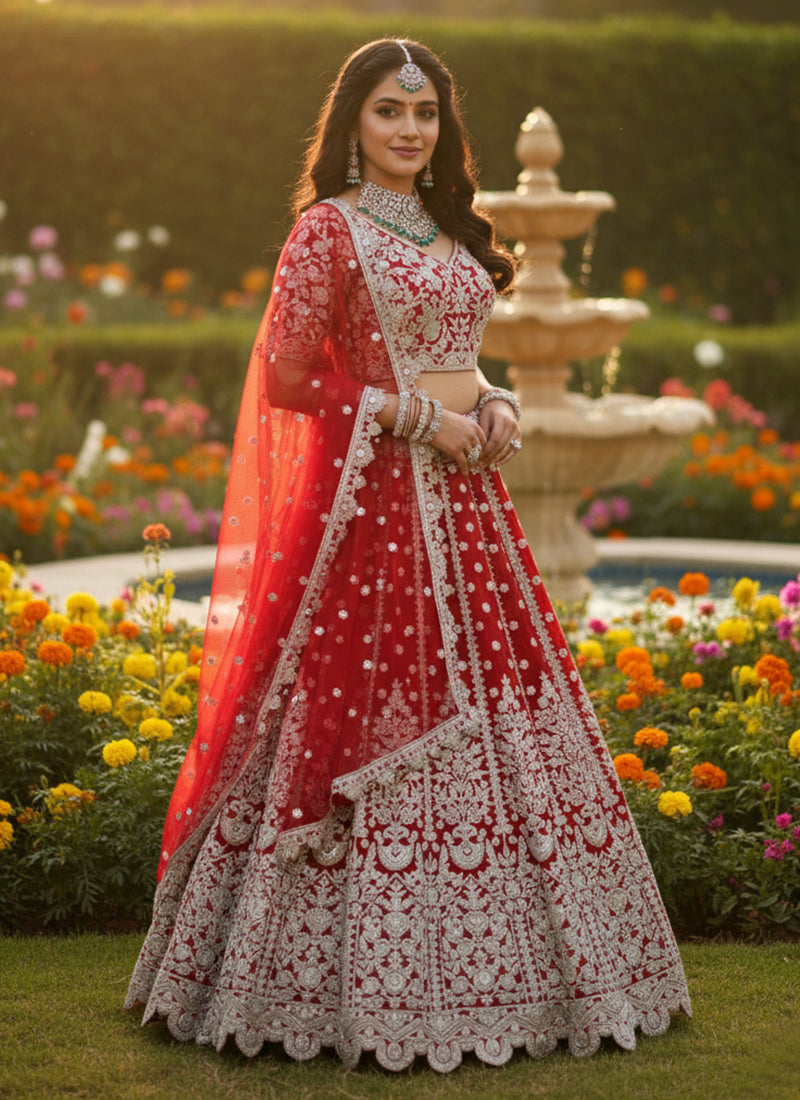 Bridal Red Multi Embroidered Wedding Lehenga Choli