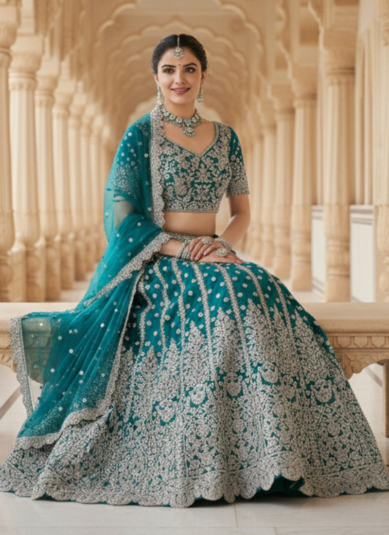 Turquoise Multi Embroidered Wedding Lehenga Choli