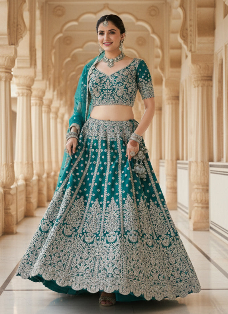 Turquoise Multi Embroidered Wedding Lehenga Choli