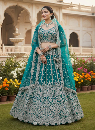 Turquoise Multi Embroidered Wedding Lehenga Choli