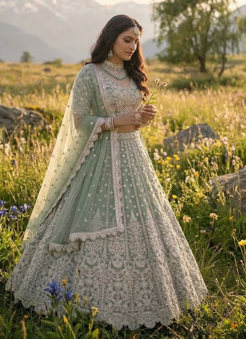 Sage Green Multi Embroidery Wedding Lehenga Choli