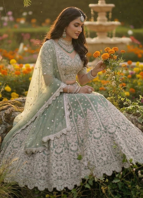 Sage Green Multi Embroidery Wedding Lehenga Choli