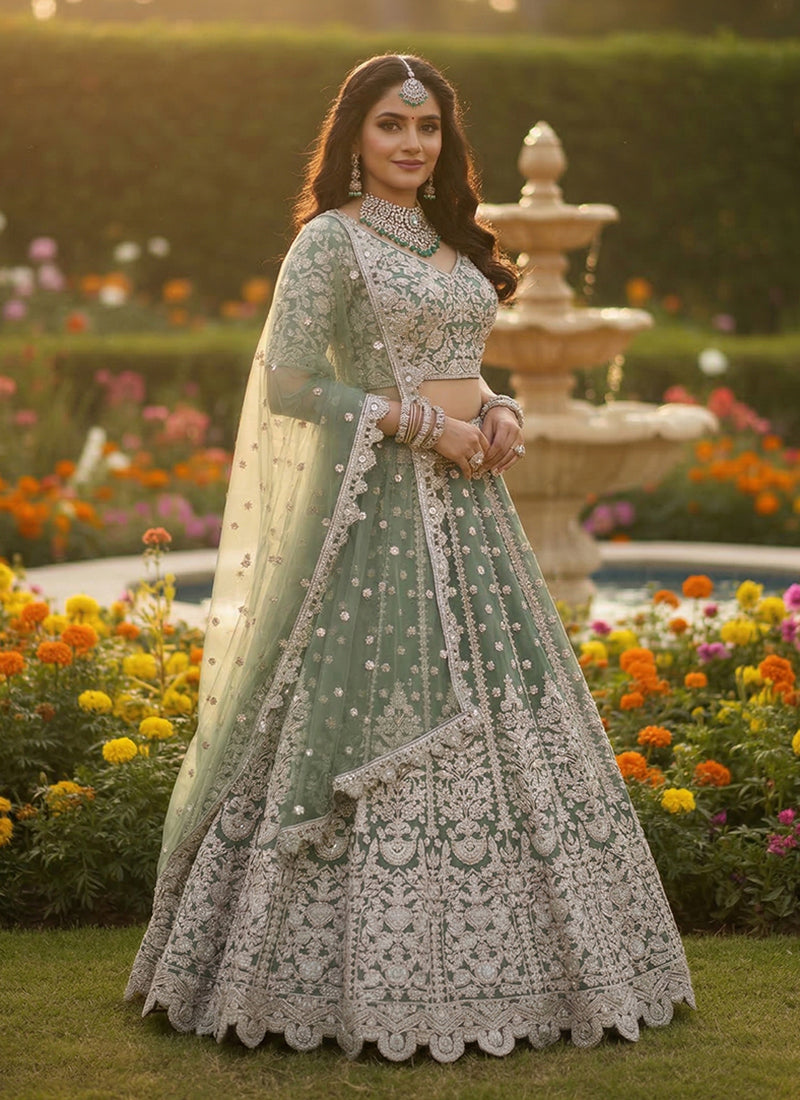 Sage Green Multi Embroidery Wedding Lehenga Choli