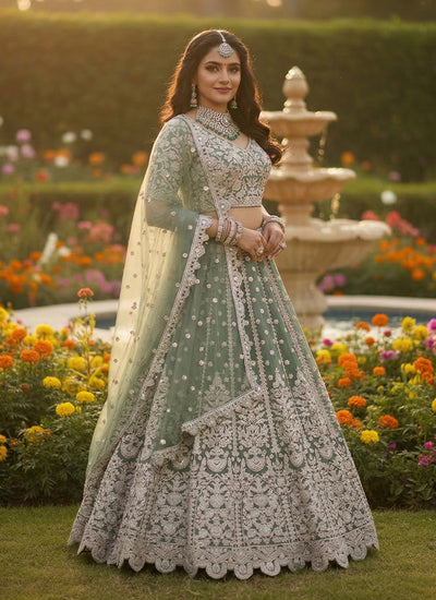 Sage Green Multi Embroidery Wedding Lehenga Choli