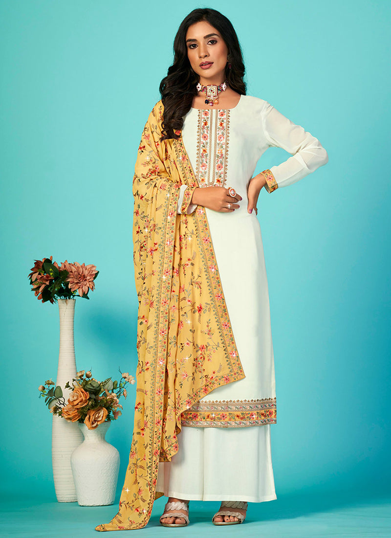 Off White And Yellow Multi Embroidery Traditional Palazzo Suit
