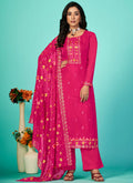Hot Pink Multi Floral Embroidery Traditional Pant Style Suit