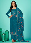 Turquoise Multi Floral Embroidery Traditional Pant Style Suit