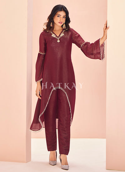 Maroon Handwork Kurta And Pant Suit