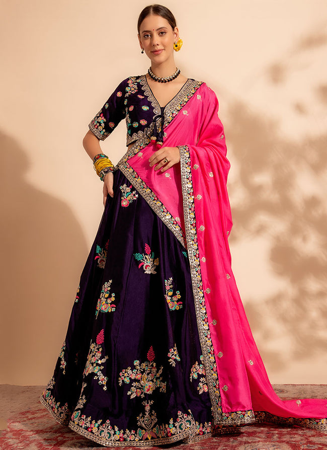 Shop Latest Bollywood Lehengas Online Black and Pink Multi Embroidery Designer Lehenga Choli Default Title