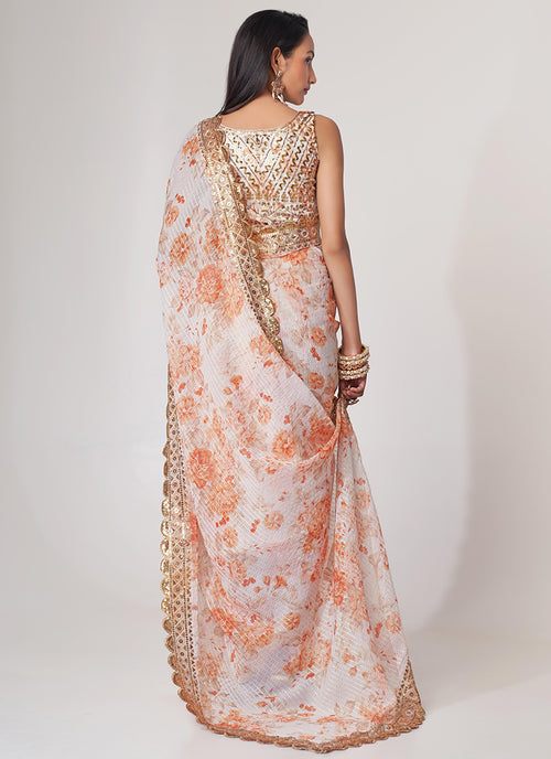 White Floral Print And Organza Saree In USA Canada