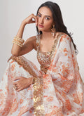 White Floral Print And Organza Saree In USA Germany