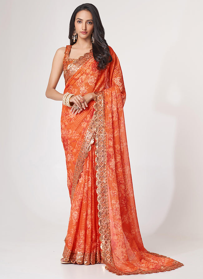 Orange Floral Print And Sequence Embroidery Organza Saree