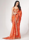 Orange Floral Print Organza Saree In USA Canada