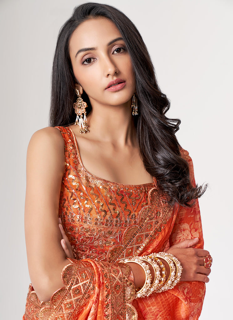 Orange Floral Print Organza Saree In USA Germany