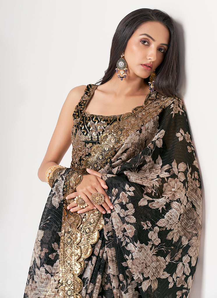 Black Floral Print Organza Saree In USA Germany
