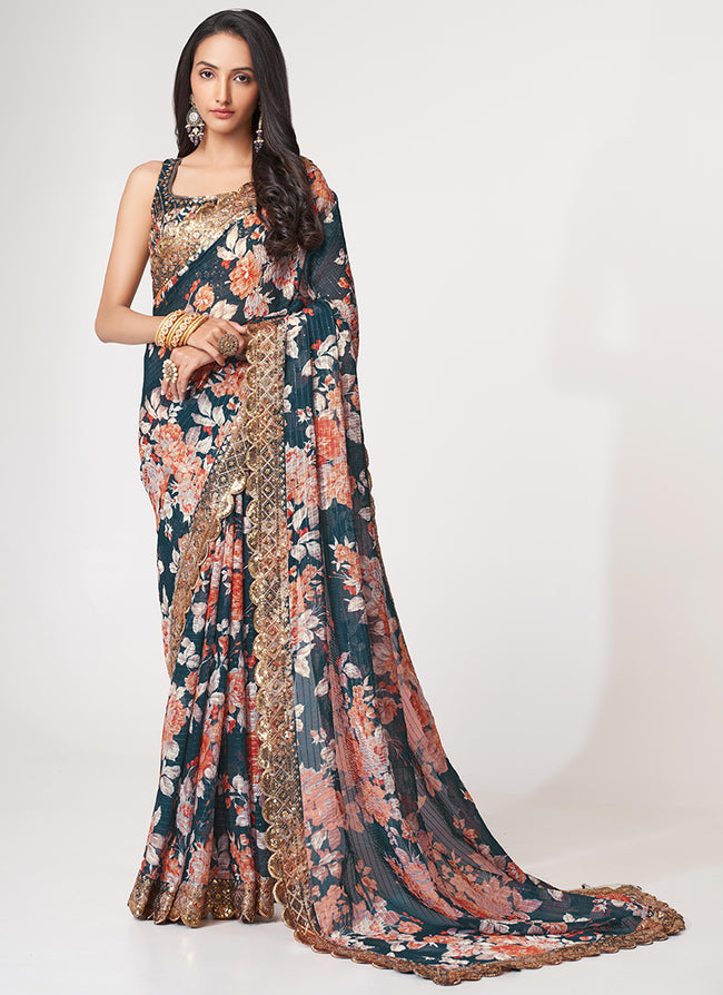 Turquoise Floral Print And Sequence Embroidery Organza Saree