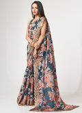 Turquoise Floral Print And Sequence Embroidery Organza Saree In USA