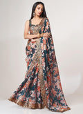  Turquoise Floral Print And Sequence Embroidery Organza Saree In USA Canada