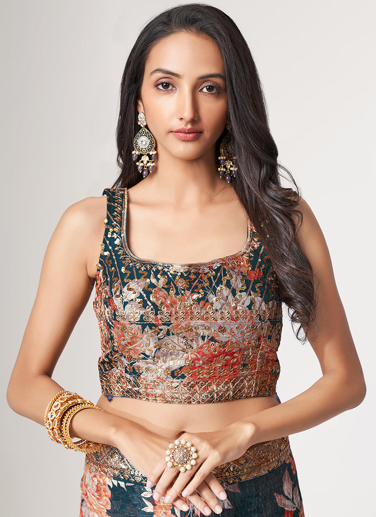 Turquoise Floral Print And Sequence Embroidery Organza Saree In USA France