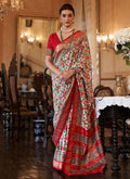 White And Red Ikat Printed Patola Silk Saree