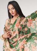 Green Floral Print And Sequence Embroidery Organza Saree In USA Germany
