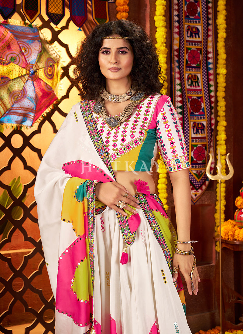 White Multicoloured Embroidered Gujarati Chaniya Choli