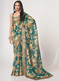 Teal Blue Floral Print And Sequence Embroidery Organza Saree