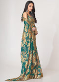 Teal Blue Floral Print And Sequence Embroidery Organza Saree In USA