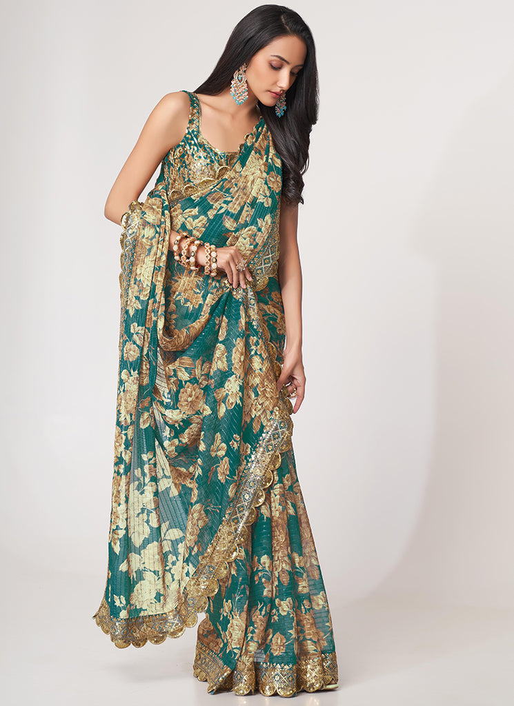Teal Blue Floral Print And Sequence Embroidery Organza Saree In USA UK